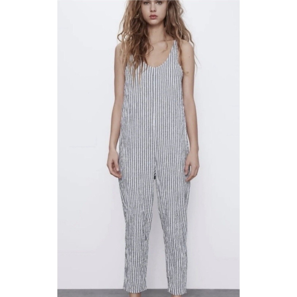 ZARA JOIN LIFE LONG TEXTURED STRIPED JUMPSUIT LOOSE RELAXED FIT SIZE Small